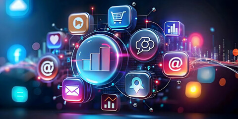 Obraz premium Macro Shot Social Media Icons Digital Analytics Integration Copy Space Concept | Close Up Intertwined Data Driven Marketing Graphs | Artistic Representation of Social Media and Analytics