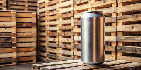 An empty beer can leaning against a stack of wooden crates with a few loose bottles nearby, bottles, wooden pallets