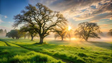 Obraz premium Green trees in fog with Gnarled Trees and Dewy Green Field, the sun.