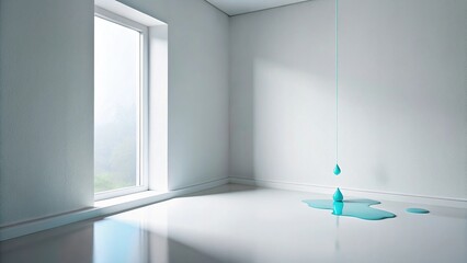An empty white room with a single dripping slime puddle in the corner, reflecting a few scattered aqua droplets, peaceful ambiance, calmness, reflective surface