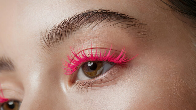 stylish minimalism, Neon Hot Pink mascara: a close-up shot of an eye adorned with vibrant Neon Hot Pink mascara on naturally long lashes