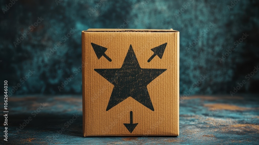Poster a cardboard box with a star shape and arrows pointing to the top and bottom