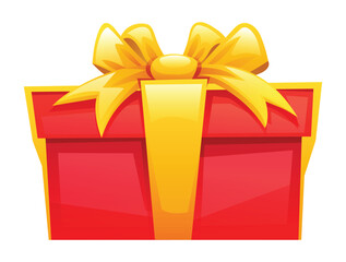 Red gift box adorned with golden ribbon and bow, ideal for holiday themes. Vector cartoon illustration