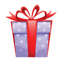 Gift box with red bow and ribbon, decorated with diamond patterns. Vector cartoon illustration