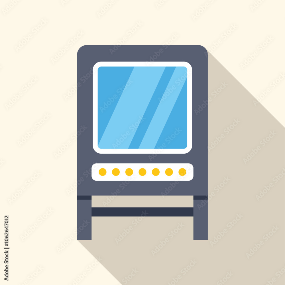 Poster ticket machine validating tickets with touch screen and illuminated buttons, long shadow design
