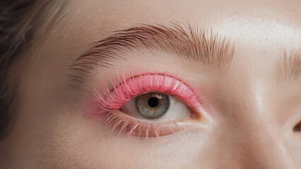 Obraz premium stylish minimalism, Soft Pink mascara: a close-up shot of an eye adorned with vibrant Soft Pink mascara on naturally long lashes