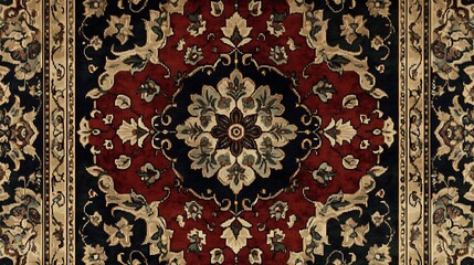 Naklejka premium A Persian-inspired seamless carpet pattern with intricate medallions and vine motifs in deep red, dark green, and beige, capturing the elegance of traditional Persian art,