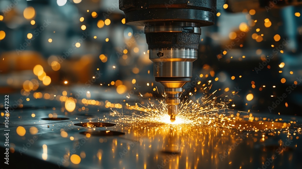 Poster precision cnc drilling sparks in metal workshop. cnc drilling machine emitting sparks while working 
