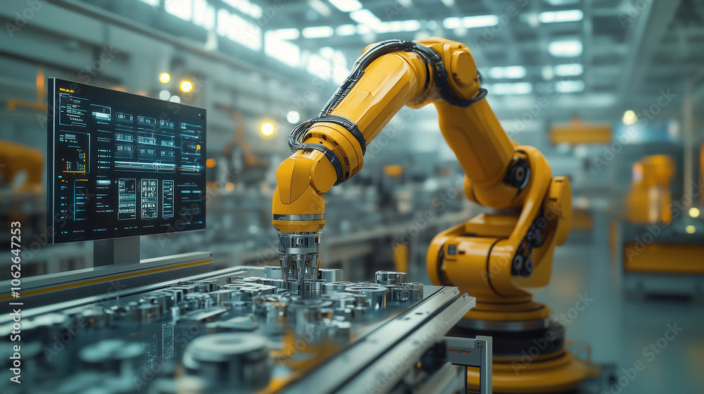 Poster robotic arm assembling components in smart factory. yellow robotic arm operating in a smart factory,