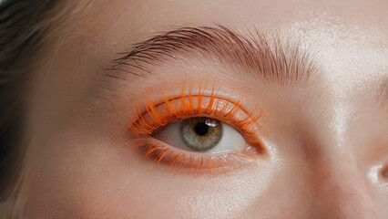 Obraz premium stylish minimalism, Tangerine mascara: a close-up shot of an eye adorned with vibrant Tangerine mascara on naturally long lashes