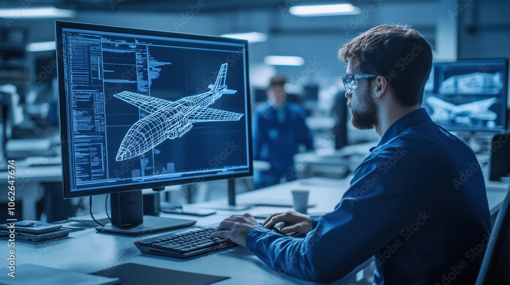 Poster engineer working on aircraft model in cad software. male engineer focuses on detailed 3d model of ai