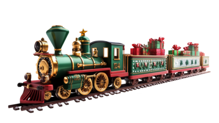 Festive green christmas train embarks on a magical journey with gleaming tree, spreading holiday cheer