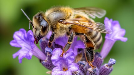 Close-Up of a Vibrant Lavender Flower with a Bee, Showcasing Rich Purple Hues and Delicate Textures, Capturing the Harmony Between Flowers and Pollinators