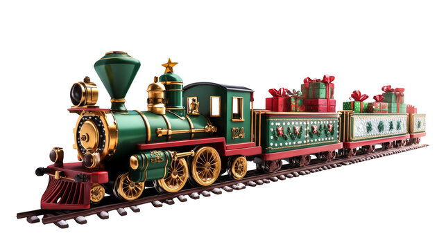 Festive green christmas train embarks on a magical journey with gleaming tree, spreading holiday cheer
