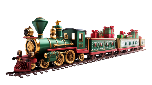 Festive green christmas train embarks on a magical journey with gleaming tree, spreading holiday cheer
