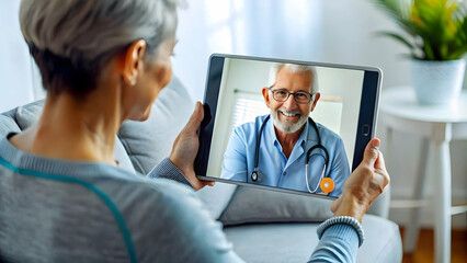 Fototapeta premium Nurse Patient Telemedicine Treatment Discussion Ample Copy Space Remote Healthcare Communication Personalized Effective Care Clinic Setting Laptop Concept Photo Stock