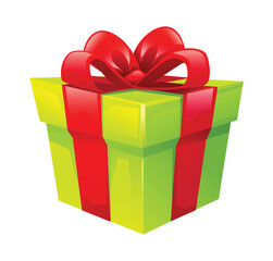 Green gift box with red bow and ribbon, cheerful and festive design ideal for gifting occasions. Vector cartoon illustration