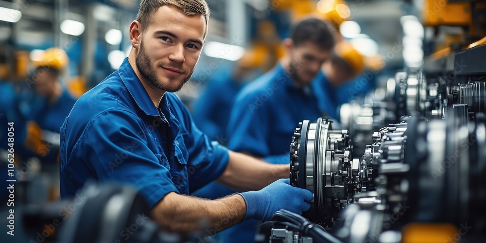 Aufkleber factory worker operating machinery on production line. young factory worker operates complex machine