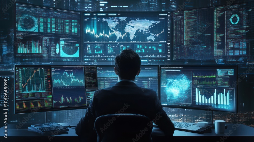 Poster cybersecurity analyst working on multiple screens