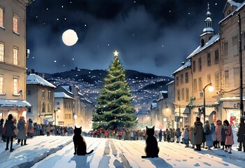 christmas, black cat on the street