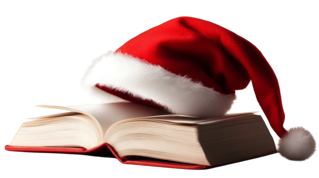 Festive holiday reading, santa hat on book symbolizing christmas spirit and cozy winter nights