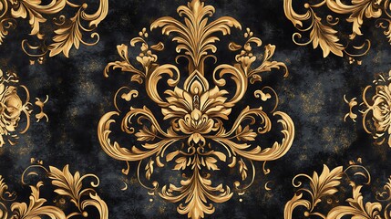 A seamless baroque carpet pattern with ornate swirls and floral motifs in rich, dark tones with gold highlights, capturing the elegance and sophistication of antique design,