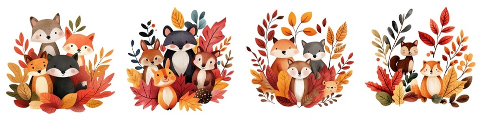 Naklejka premium A charming illustration of four adorable animals surrounded by autumn leaves and acorns, embodying the cozy essence of fall.