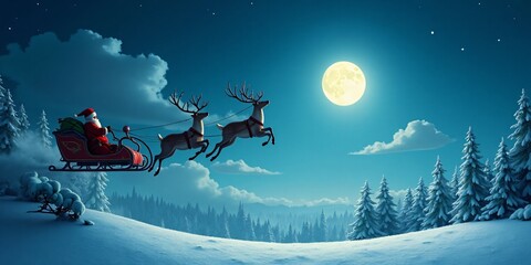Christmas Santa's sleigh with reindeer flying across the sky on the left, with the right side showing an open, moonlit sky for holiday text or announcements.