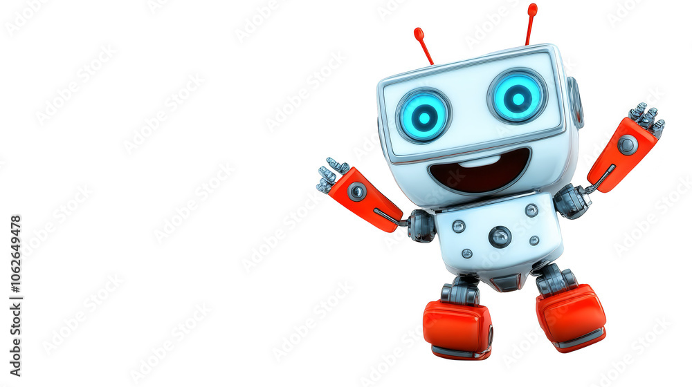 Poster intricate smiling robot, a fusion of metallic accents and vibrant colors in futuristic display of ar