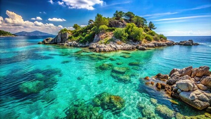 Fototapeta premium Wide-angle rocky island coastline with turquoise water, perfect summer escape