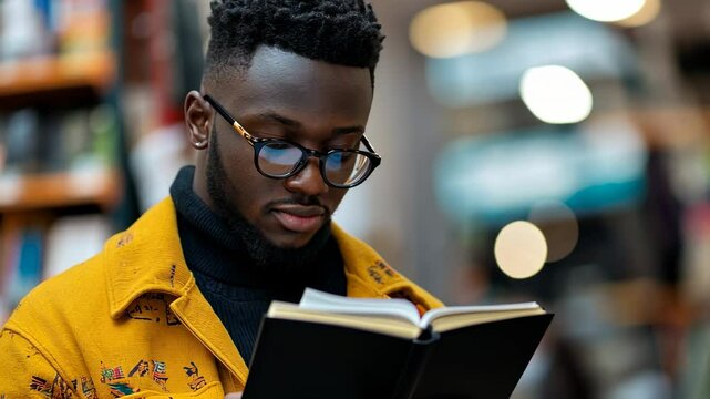 Young man reading a book in a bookstore, male, african, african american, black man, glasses