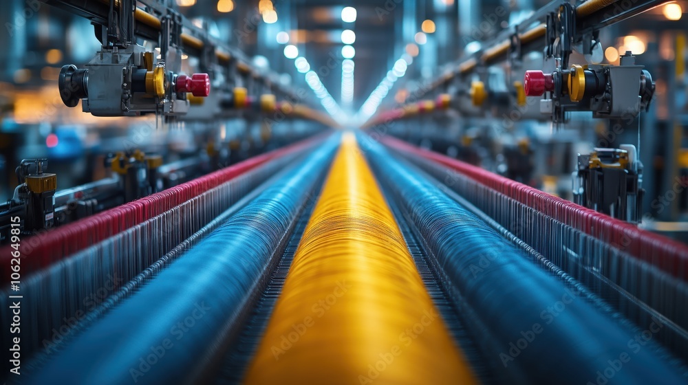 Poster precision textile machinery with colored threads. close-up of textile machinery weaving colored thre