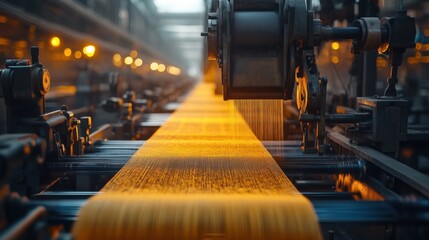 Fototapeta premium Industrial Loom Weaving Yellow Fabric. Industrial loom weaving yellow fabric in a factory setting, highlighting automation and precision in textile production.