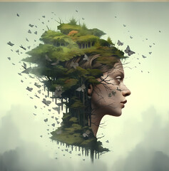Woman turning into forest 