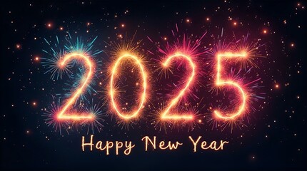 A vibrant illustration of "Happy New Year 2025" against a backdrop of a dark, snowy night sky 