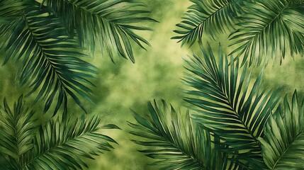 A seamless carpet pattern featuring overlapping palm leaves in lush shades of green, with a subtle texture and soft shadows, creating a tropical rainforest vibe, high detail in leaf veins,