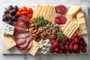 Delicious cheese platter with meats and fruits on a white rectangular dish, atop a marble countertop.
