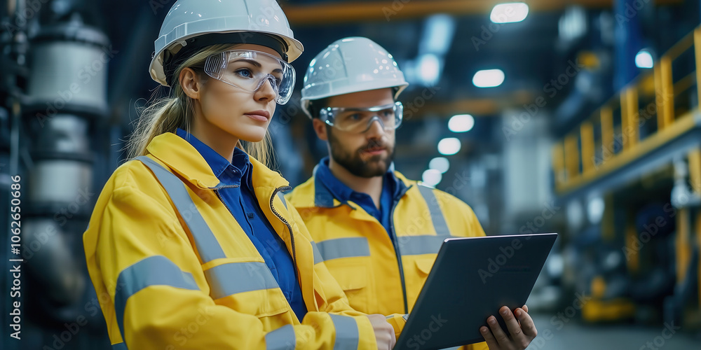 Poster engineers with tablet overseeing factory operations. engineers in protective gear overseeing operati