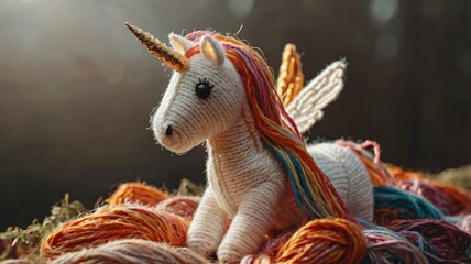 Naklejka premium A colorful handcrafted unicorn toy rests among strands of yarn in a cozy workshop during soft afternoon lighting