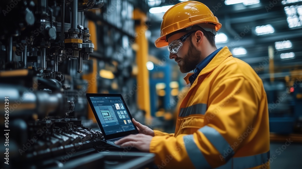 Poster industrial engineer analyzing data on laptop. male engineer in safety gear operates a laptop in an i