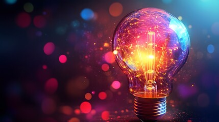 A vibrant light bulb with glowing filaments against a colorful bokeh background.