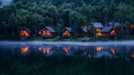 The serene lakeside scene at dusk with four illuminated wooden cabins reflected in the still water, surrounded by a forest. Ideal for nature and travel themes.