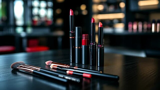 Makeup Products on a Black Table, cosmetics, lipstick, lipgloss, beauty, makeup brush
