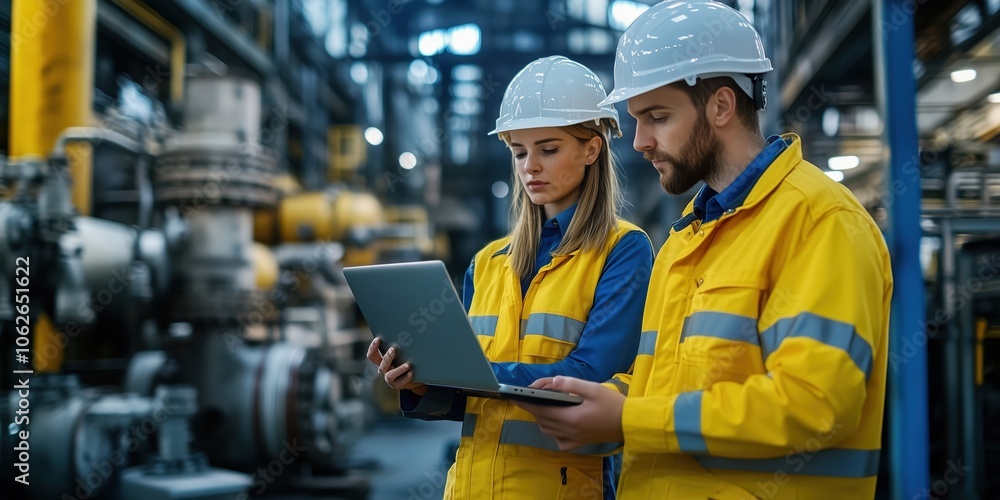 Poster two engineers reviewing data on laptop in factory. two engineers in high-visibility clothing and har