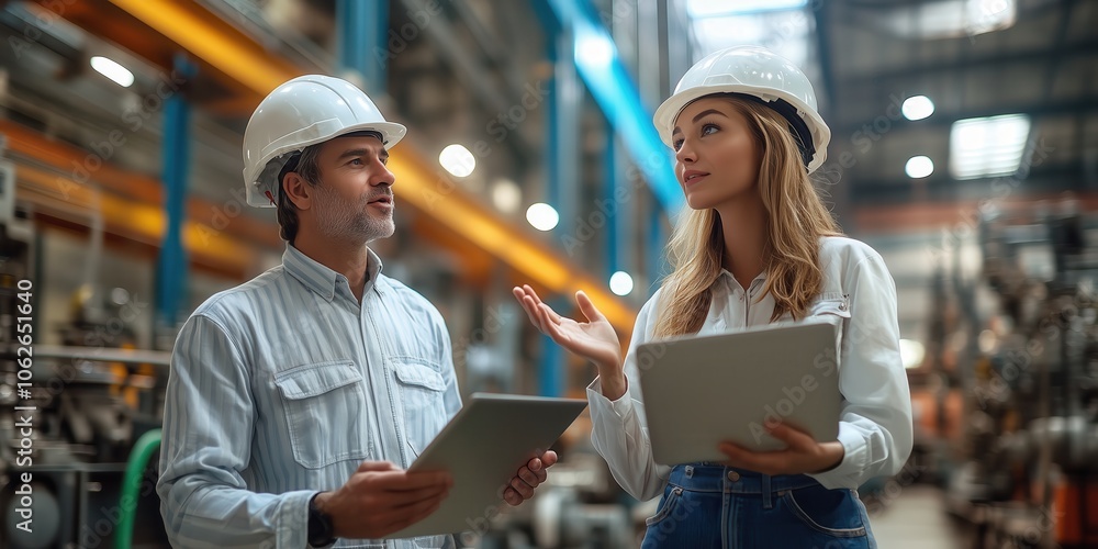 Poster engineers discussing operations in industrial plant. two engineers in a factory discussing processes