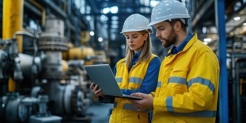 Two Engineers Reviewing Data on Laptop in Factory. Two engineers in high-visibility clothing and hard hats analyzing operational data on a laptop in a manufacturing plant environment.