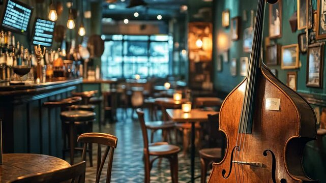 Double Bass in a Cozy Bar, upright bass, bass guitar, musical instrument, string instrument, pub