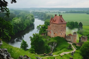 Aerial view of the medieval castle of Trakai in Lithuania.