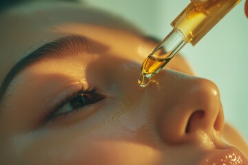 Close-up of a woman applying serum to her face for skincare, highlighting skin texture and hydration in natural light