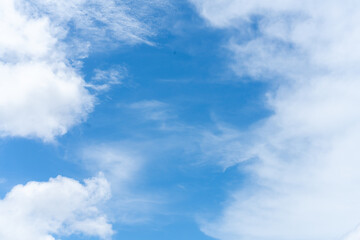 Blue sky adorned with fluffy white clouds  throughout, creating a serene atmosphere. copy space.